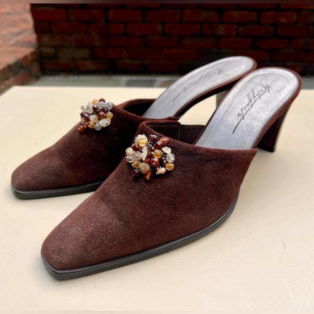 Art Effects Madonna Brown Suede Mule Heels ~ Sz 7.5, 38
